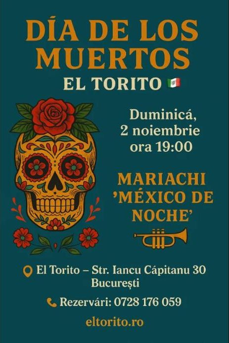 Afiș Día de los Muertos: craniu decorat cu trandafiri, duminică 2 noiembrie ora 19:00, mariachi México de Noche